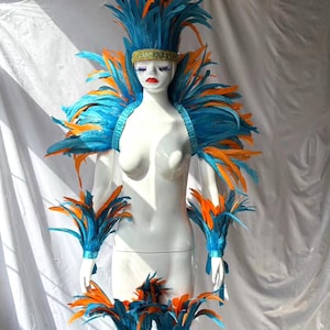 4 Layer Midnight Carnival Feather Cape Rooster Feather Cape Combination for Festive Costume Carnival Lake Blue/Orange  Feather shawl