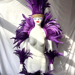 May include: Purple feather costume set with a headpiece, shoulder pieces, and arm cuffs. The costume is made of soft feathers and is perfect for a carnival or masquerade ball.