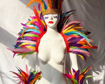 4-laags carnavalsveer Cape Haan Feather Cape en jas combinatie voor feestelijk kostuum carnaval veren sjaal