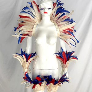 4 Layer Midnight Carnival Feather Cape Rooster Feather Cape Combination for Festive Costume Carnival Red/White/Sapphire Blue  Feather shawl