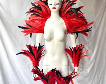 4 Layer Midnight Carnival Feather Cape Rooster Feather Cape and Jacket Combination for Festive Costume Carnival Red/Black Feather shawl