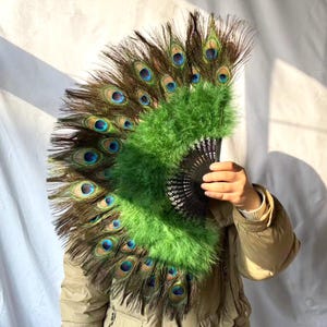 Large Peacock Feather Hand Fans - Elegant Marabou Feather Fans for Bridal Wedding - Double Sided Design - Great Gatsby