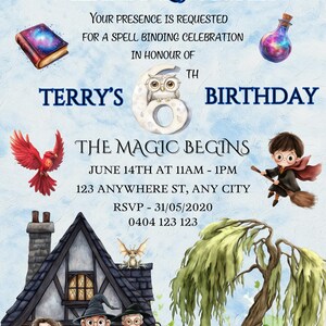 Faire-part d&#39;anniversaire modifiables sorciers et sorcières, invitation d&#39;anniversaire magique, téléchargement de partie de sorcellerie, modèle imprimable numérique, 6e anniversaire