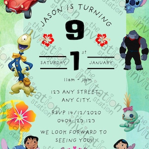 Convite de aniversário Ohana, convite para 9º aniversário, Lilo & Stitch, convite para o Havaí, modelo do Canva, convite divertido, convite inovador