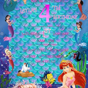 Editable The Little Mermaid Birthday Invitation, 4th Birthday, Under The Sea, Ariel, Birthday Template, Girl Birthday Invitation