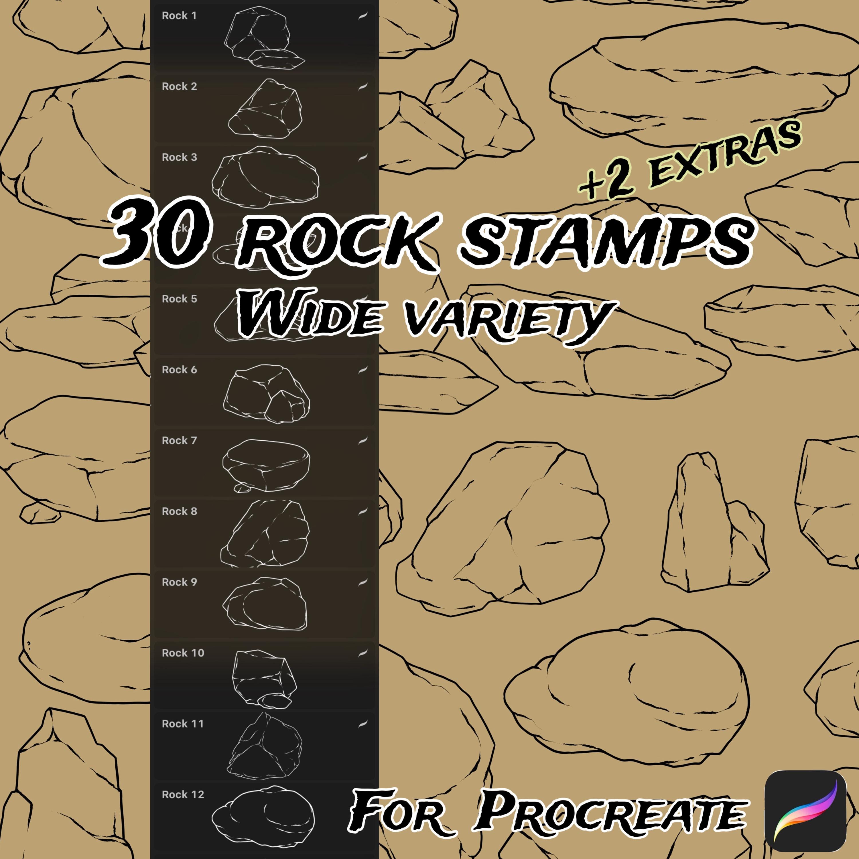 Rock Stamp Brush Pack for Procreate on iPad – 30 Realistic Stones, Boulders and Rock Shapes
