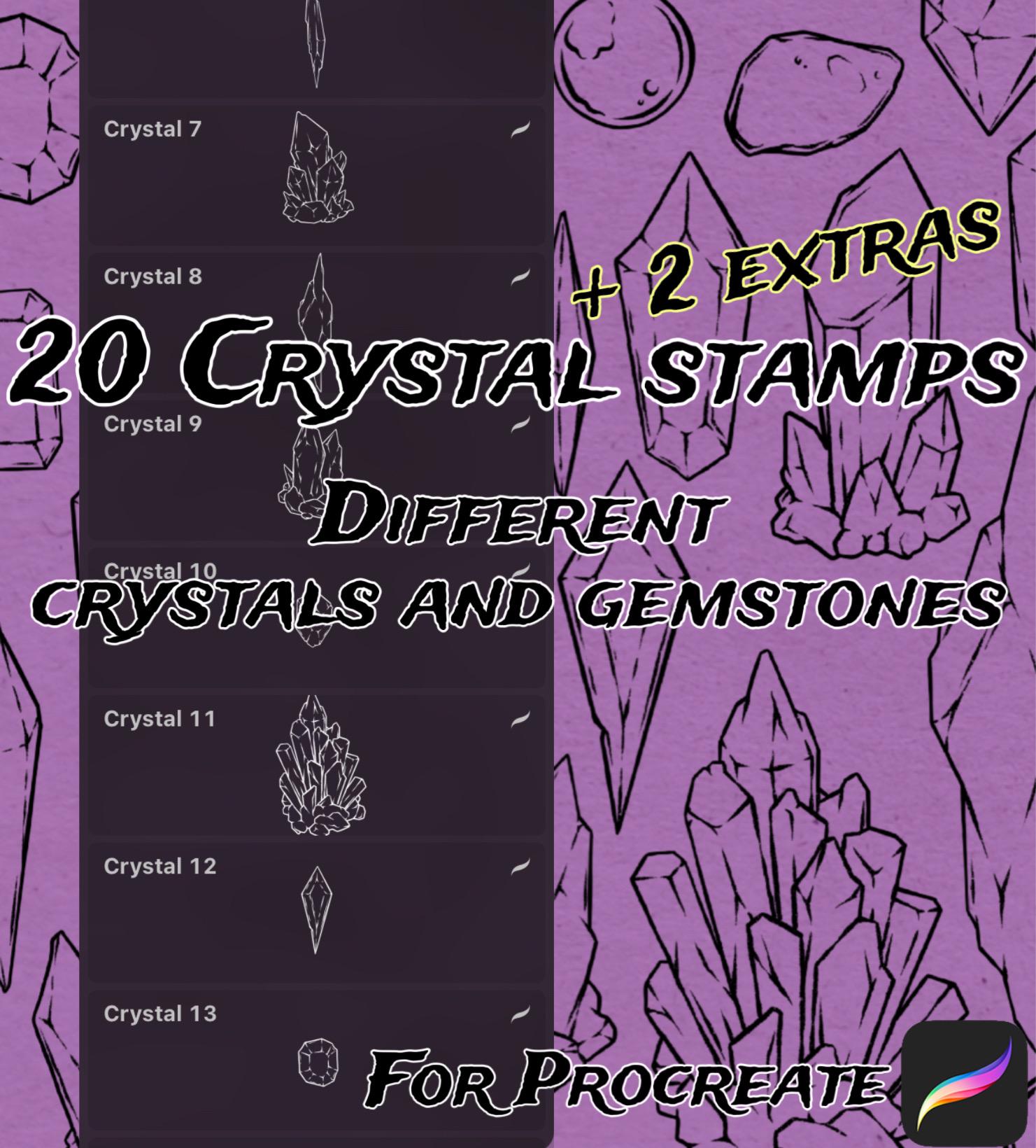 Pack de pinceles sello de cristales y gemas para Procreate en iPad – 20 sellos únicos para arte, tatuajes, webtoons y pósteres