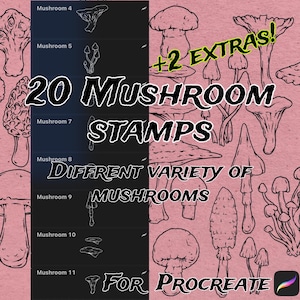 Pilz Stempel Brush Pack für Procreate auf dem iPad. Verschiedene Pilze, perfekt für Hintergründe, Webtoons, Tattoo-Designs, Poster etc.
