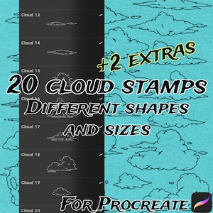 May include: A digital art product featuring 20 cloud stamps in various shapes and sizes for Procreate. The image has a teal background with cloud illustrations and a black panel displaying the cloud stamps. Text includes "+2 Extras" and "20 Cloud Stamps".
