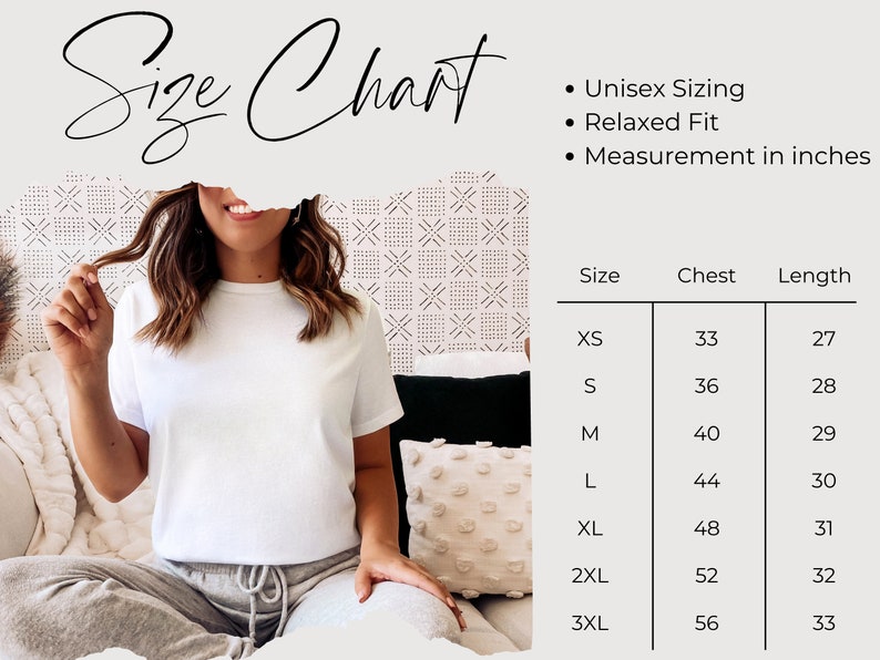 May include: Size chart for a unisex t-shirt with measurements in inches. The chart shows chest and length measurements for sizes XS, S, M, L, XL, 2XL, and 3XL.