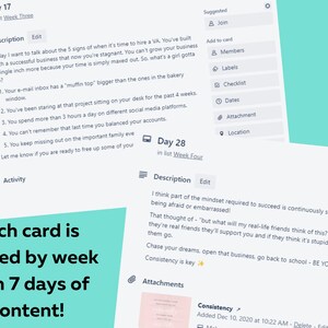 Op de afbeelding: Een screenshot van een digitale planner-app met twee zichtbare pagina's. De linkerpagina is getiteld "Dag 17" en bevat een beschrijving van vijf tekenen dat het tijd is om een virtuele assistent in te huren. De rechterpagina is getiteld "Dag 28" en bevat een beschrijving over het belang van opdagen en niet bang zijn om te slagen. De tekst op beide pagina's is in zwart en wit.