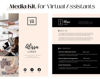 Op de afbeelding: Een zwart-witte mediakit voor virtuele assistenten. De kit bevat een foto van een vrouw die aan een laptop werkt, een logo met de tekst "VA Alissa Lunde" en een lijst met diensten met prijzen. De diensten omvatten algemene administratie, social media management en e-mailmarketing.