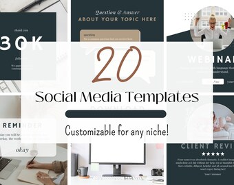 May include: A collage of 20 social media templates with a green and white color scheme. The templates feature text such as "Question & Answer", "Webinar", "Reminder", "Client Review", and "30K".