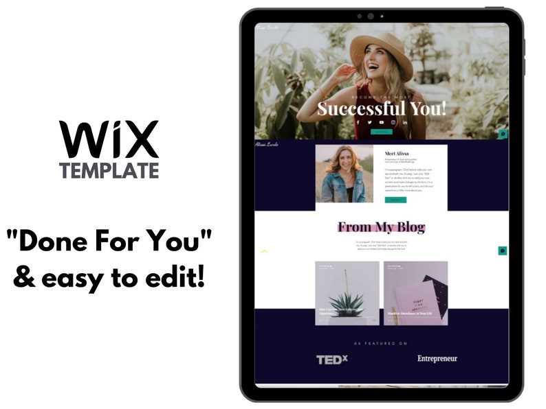 Pu&ograve; includere: Un modello di sito web Wix per un marchio personale o un'azienda. Il modello presenta uno sfondo blu scuro con un'intestazione e un pi&egrave; di pagina bianchi. L'intestazione include una foto di una donna sorridente e il testo "Successful You!" Il pi&egrave; di pagina include il testo "From My Blog" e una sezione per articoli in evidenza. Il modello include anche una sezione per i link ai social media e una sezione per le testimonianze.