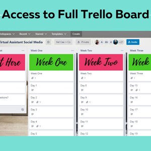 Op de afbeelding: Een screenshot van een Trello-bord met de titel "Virtual Assistant Social Media". Het bord is verdeeld in drie kolommen: "Week &eacute;&eacute;n", "Week twee" en "Week drie". Elke kolom bevat een lijst met taken voor elke dag van de week.