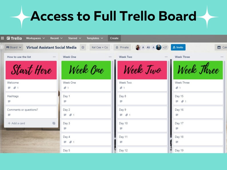 Op de afbeelding: Een screenshot van een Trello-bord met de titel "Virtual Assistant Social Media". Het bord is verdeeld in drie kolommen: "Week &eacute;&eacute;n", "Week twee" en "Week drie". Elke kolom bevat een lijst met taken voor elke dag van de week.
