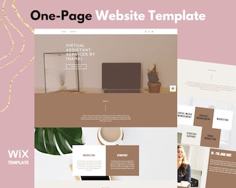 May include: A website template for virtual assistant services. The template features a brown and white color scheme with images of a laptop, a potted cactus, and a coffee cup. The text on the page includes the words "Virtual Assistant Services by (Name)", "Marketing", "Strategy", "Social Media Management", "Project Management", "Strategy Support", "Email Marketing", and "I'm Jane Doe!"
