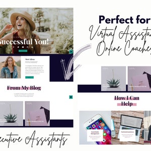Pu&ograve; includere: Un modello di sito web per assistenti virtuali e coach online. Il modello presenta un design moderno con un focus sulla presentazione dei servizi e delle testimonianze. Il testo "Perfetto per assistenti virtuali, coach online" &egrave; visualizzato in un font grande nella parte superiore della pagina.