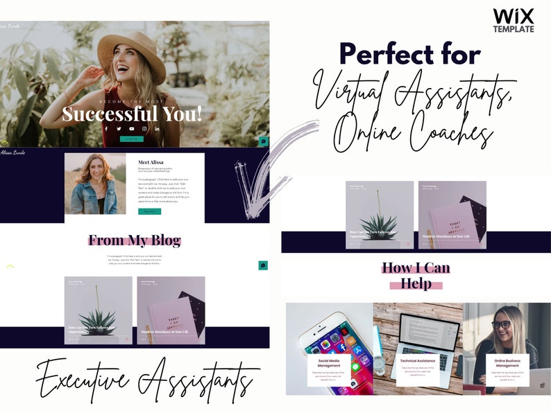 Pu&ograve; includere: Un modello di sito web per assistenti virtuali e coach online. Il modello presenta un design moderno con un focus sulla presentazione dei servizi e delle testimonianze. Il testo "Perfetto per assistenti virtuali, coach online" &egrave; visualizzato in un font grande nella parte superiore della pagina.