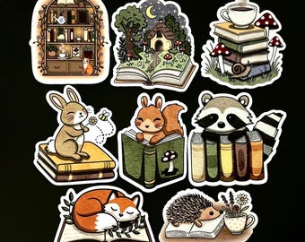 Booktok Cozy Stickers | Woodland Animals Reading, Cottagecore Decor