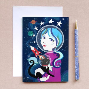 Carte Space Cat - Carte Space Kitty - Carte pour elle - Carte de voeux rétro - Carte pour les amoureux des chats - Carte astronaute - Carte pour adolescents