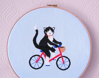 Cycling Cat Cross Stitch Pattern - Kitty Cross Stitch - Modern cross stitch- Cute Cross Stitch Pattern - Instant Download