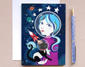 Space Cat Card - Space Kitty Card - Card for her - Retro Greetings Card - Card for Cat Lovers- Astronaut Card - Card for Teenagers