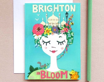 Brighton in Bloom - Brighton Greeting Card - Flower Card - Brighton Illustration - Brighton Art - Retro Greeting Card - Nostalgic Art