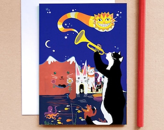 Jazz Cats Greeting Card - Crazy Cats - Seaside Card - Fantasy Card - Childrens Card - Cat Card - Cool Cats - Cards for Cat Lovers