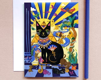 Carry on Cleo Cat Greeting Card - Kitty Greeting Card - Card for Cat Lovers - Egyptian Cat Card - Card for Teenagers - Crazy Cat Person Card