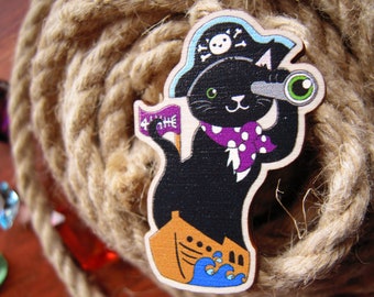 Eco Friendly Cat Pin - Pirate Cat Pin - Pirate Kitty Pin - Wooden Cat Pin - Gifts for Cat Lovers - Sustainable Pin Badge
