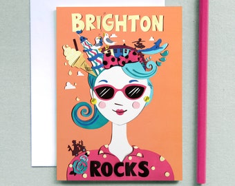 Tarjeta Brighton Rocks - Tarjeta de felicitación de Brighton - Ilustración de Brighton - Arte de Brighton - Tarjeta de felicitación retro - Tarjeta de felicitación Rockabilly