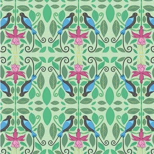 Puede incluir: Un patr&oacute;n repetitivo de p&aacute;jaros azules con colas largas posados en ramas con flores rosas y hojas verdes. El fondo es de color verde claro.