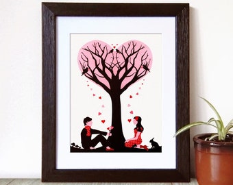 Tree of Love Print - Engagement Art - Gift for couples - Wedding Art - Valentines Art - Romantic Art Print