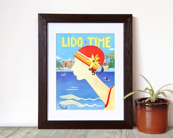 Lido Time Art Print: Retro Swimming Pool Illustration, 1920s Style
