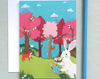 Easter Bunny Greeting Card - Rabbit Easter Card - Childrens Greeting Card - Picnic Greeting Card - Rabbit Greeting Card - Animal Party Card