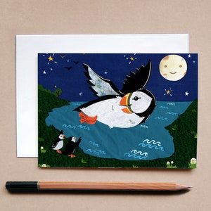 Carte de voeux de macareux - Illustration de macareux - Carte de voeux animale - Carte de voeux pour enfants - Carte de voeux d'oiseau - Carte de voeux de lune