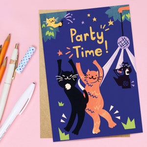 Party Time Cat Greeting Card - Cat Birthday Card - Disco Cats Greeting Card