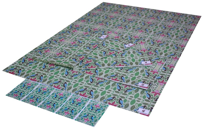 Puede incluir: Un conjunto de papel de regalo estampado en verde y azul con un dise&ntilde;o de p&aacute;jaros y flores. El papel est&aacute; doblado y apilado, con la hoja superior mostrando el dise&ntilde;o completo. El papel est&aacute; etiquetado con el nombre de la marca "Wrap It Up".