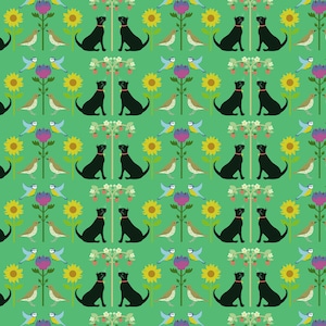 May include: A repeating pattern on a green background featuring black dogs, sunflowers, birds, and stylized berry trees. The dogs are sitting with red collars. The birds are blue, brown, and white. The sunflowers are yellow.