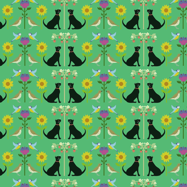 May include: A repeating pattern on a green background featuring black dogs, sunflowers, birds, and stylized berry trees. The dogs are sitting with red collars. The birds are blue, brown, and white. The sunflowers are yellow.