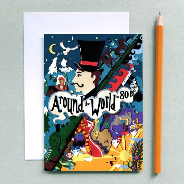 Around the World in 80 Days Greetings Card - Jules Verne Illustration - Victorian Travel Greetings Card