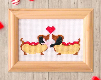 Hot Dogs Cross Stitch Pattern - Valentines Gift - Modern Cross Stitch Pattern - Instant Download - Cute Cross Stitch - Gift for Dog Lovers