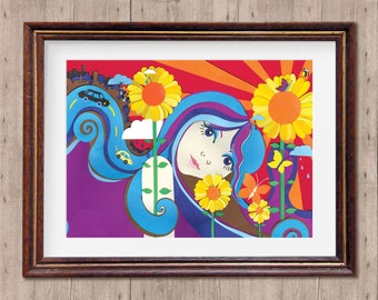 Stereovenus Psychedelic Art Print: 60's Style Flowers & Girls, Limited Edition