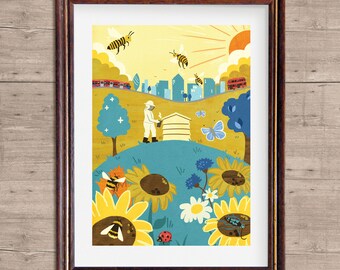 Bees Art Print - London Art Print - Art Deco Bird Art Print - Wildflowers Art Print