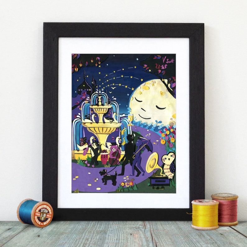 Night Gardens Whimsical Art Cat Garden Art Jazz Cats Art Print Inspired by Brighton Magical Art Botanical Art Art for them image 1