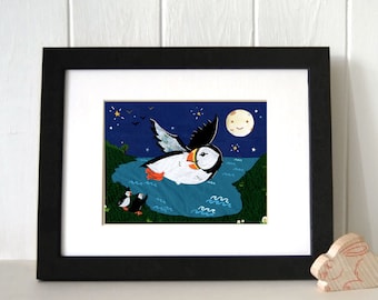 Night Flight Puffin Art Print: Nursery Decor, Gift for Bird Lovers