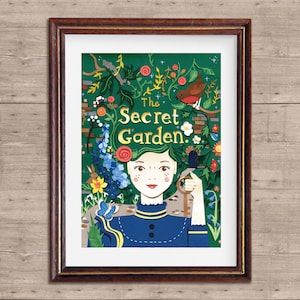 May include: A colorful illustration of a girl with a key in her hand, surrounded by flowers and greenery. The text "The Secret Garden." is written in a decorative font.