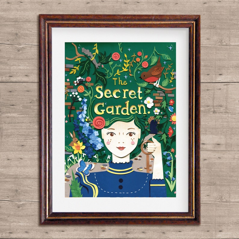 May include: A colorful illustration of a girl with a key in her hand, surrounded by flowers and greenery. The text "The Secret Garden." is written in a decorative font.