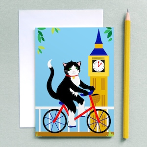 Carte chat à vélo - carte de voeux chat - carte de voeux chat de Londres - carte de voeux Big Ben - carte pour enfant